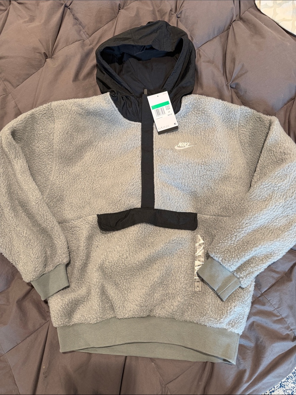 Nike youth Light Gray Sherpa Zip-Up Hoodie with Black Trim